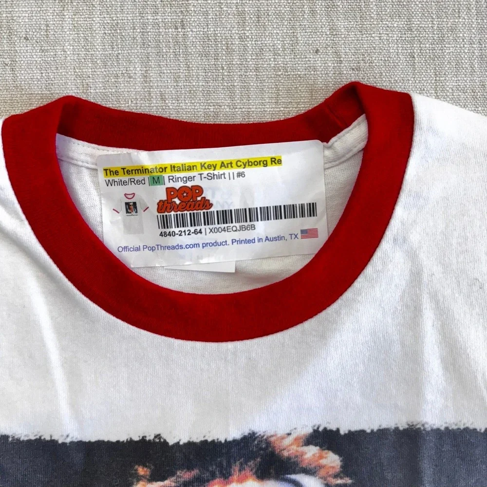 The Terminator Italian Key Art Cyborg Ringer T-Shirt White‎ Red Mens Medium